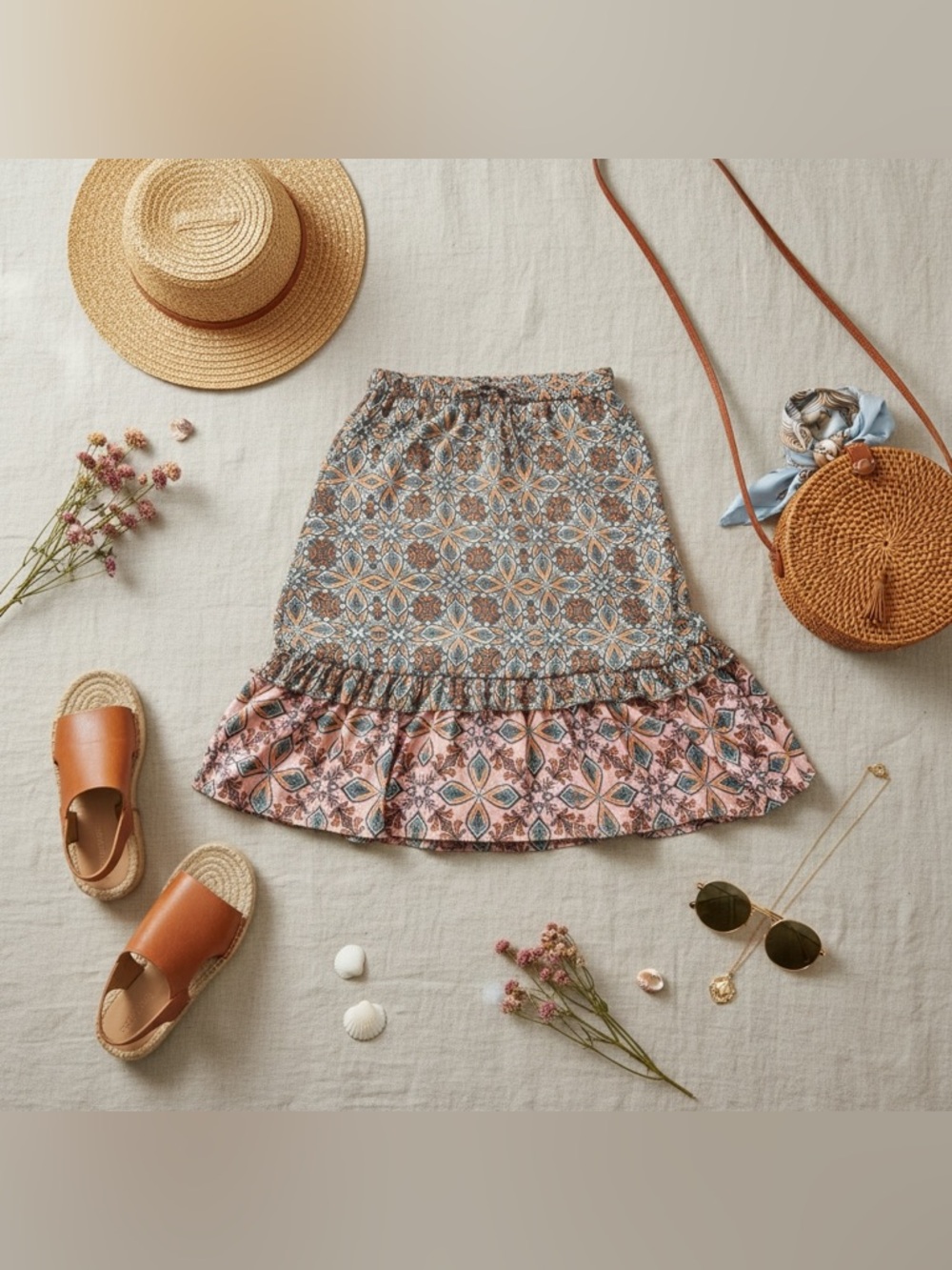 Boho Print Ruffle Hem Skirt | Size Medium | Flowy & Feminine - Picture 4 of 8